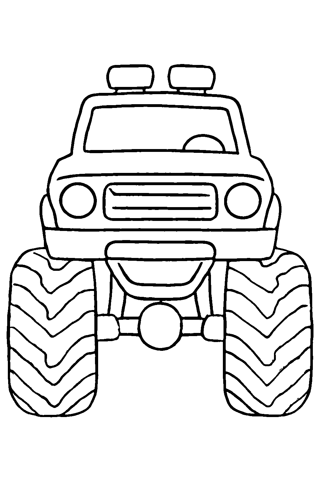 Ausmalbild Monstertruck: klare schwarz-weiße Linienzeichnung zum Ausdrucken und Ausmalen (Variante 12)