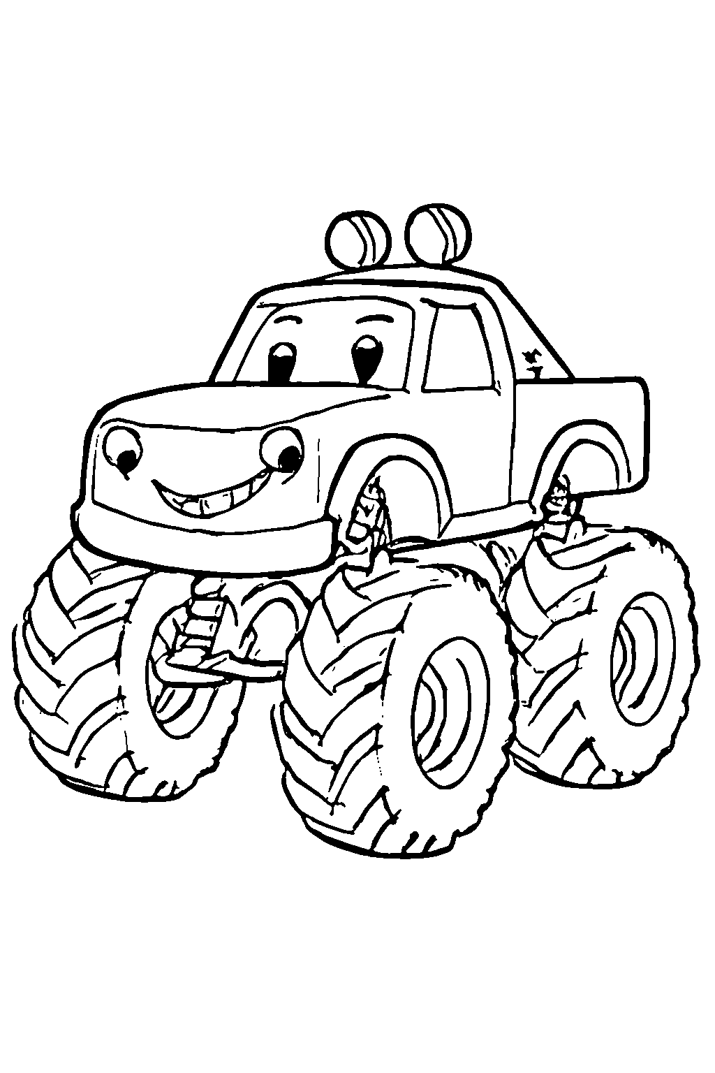 Ausmalbild Monstertruck: klare schwarz-weiße Linienzeichnung zum Ausdrucken und Ausmalen (Variante 8)