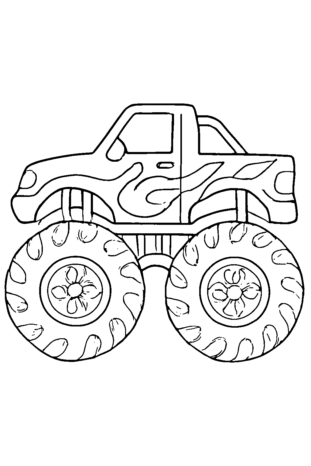 Ausmalbild Monstertruck: klare schwarz-weiße Linienzeichnung zum Ausdrucken und Ausmalen (Variante 9)