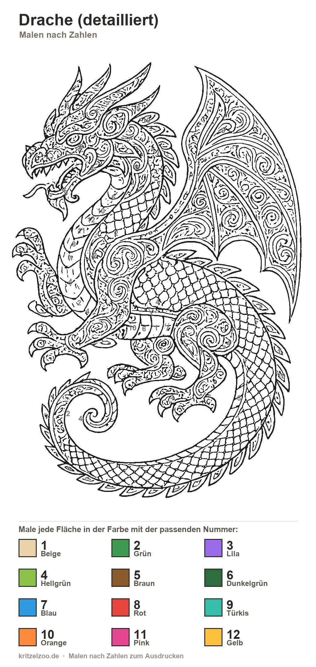 Drache (detailliert) Malen nach Zahlen Vorlage