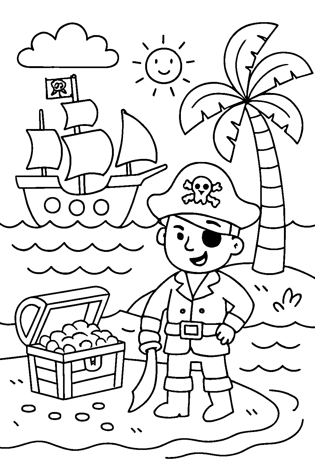 Ausmalbild Piraten-Wimmelbild: klare schwarz-weiße Linienzeichnung zum Ausdrucken und Ausmalen (Variante 2)