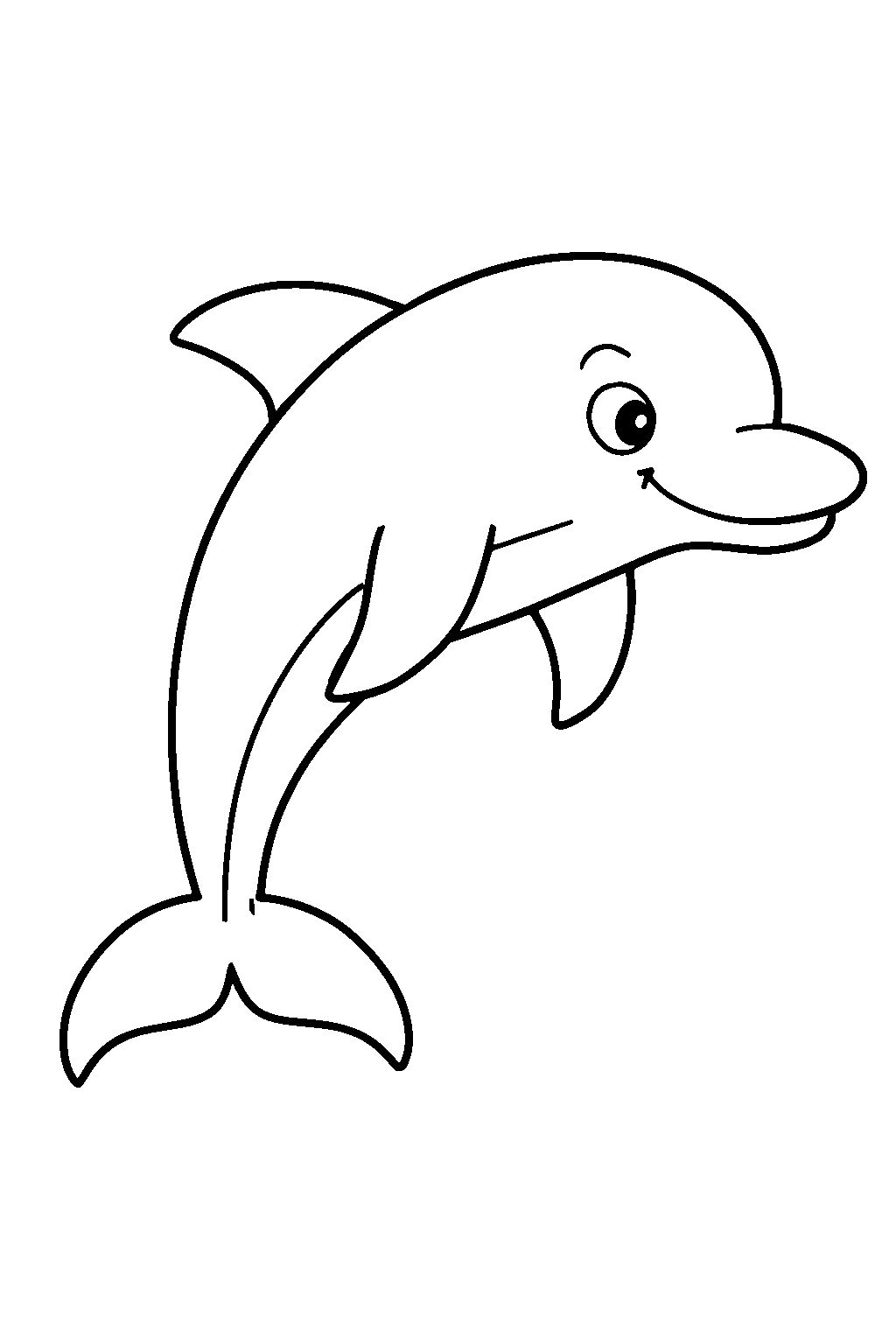 Ausmalbild Delfin: klare schwarz-weiße Linienzeichnung zum Ausdrucken und Ausmalen (Variante 1)