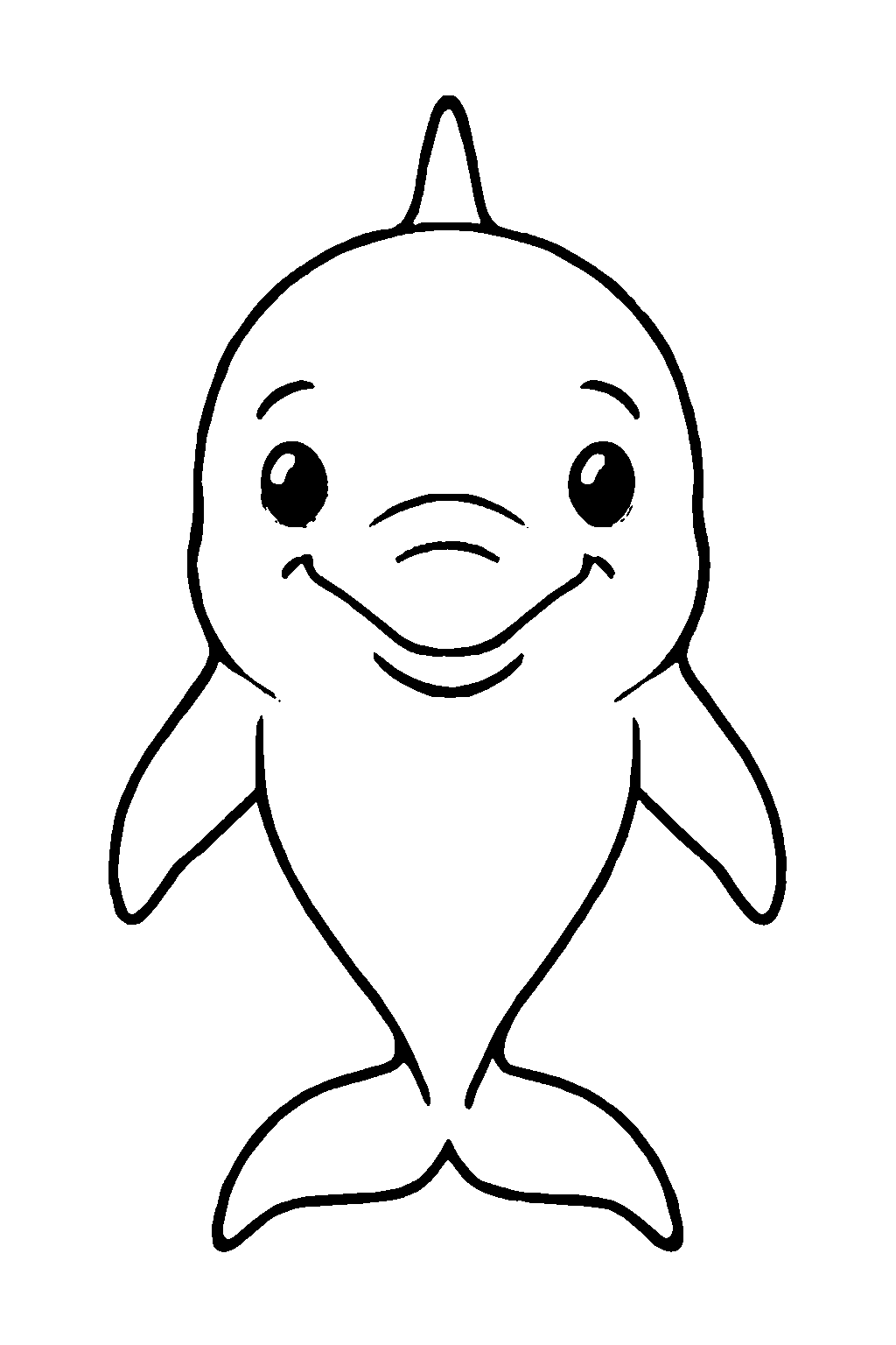 Ausmalbild Delfin: klare schwarz-weiße Linienzeichnung zum Ausdrucken und Ausmalen (Variante 2)
