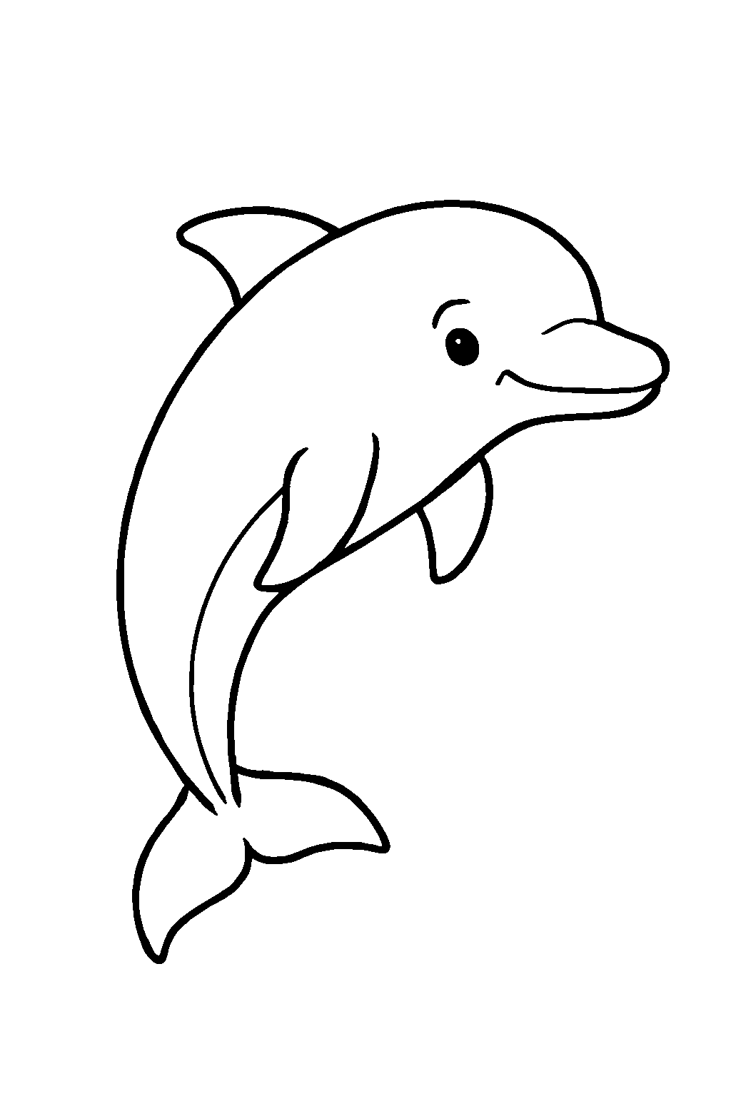 Ausmalbild Delfin: klare schwarz-weiße Linienzeichnung zum Ausdrucken und Ausmalen (Variante 4)
