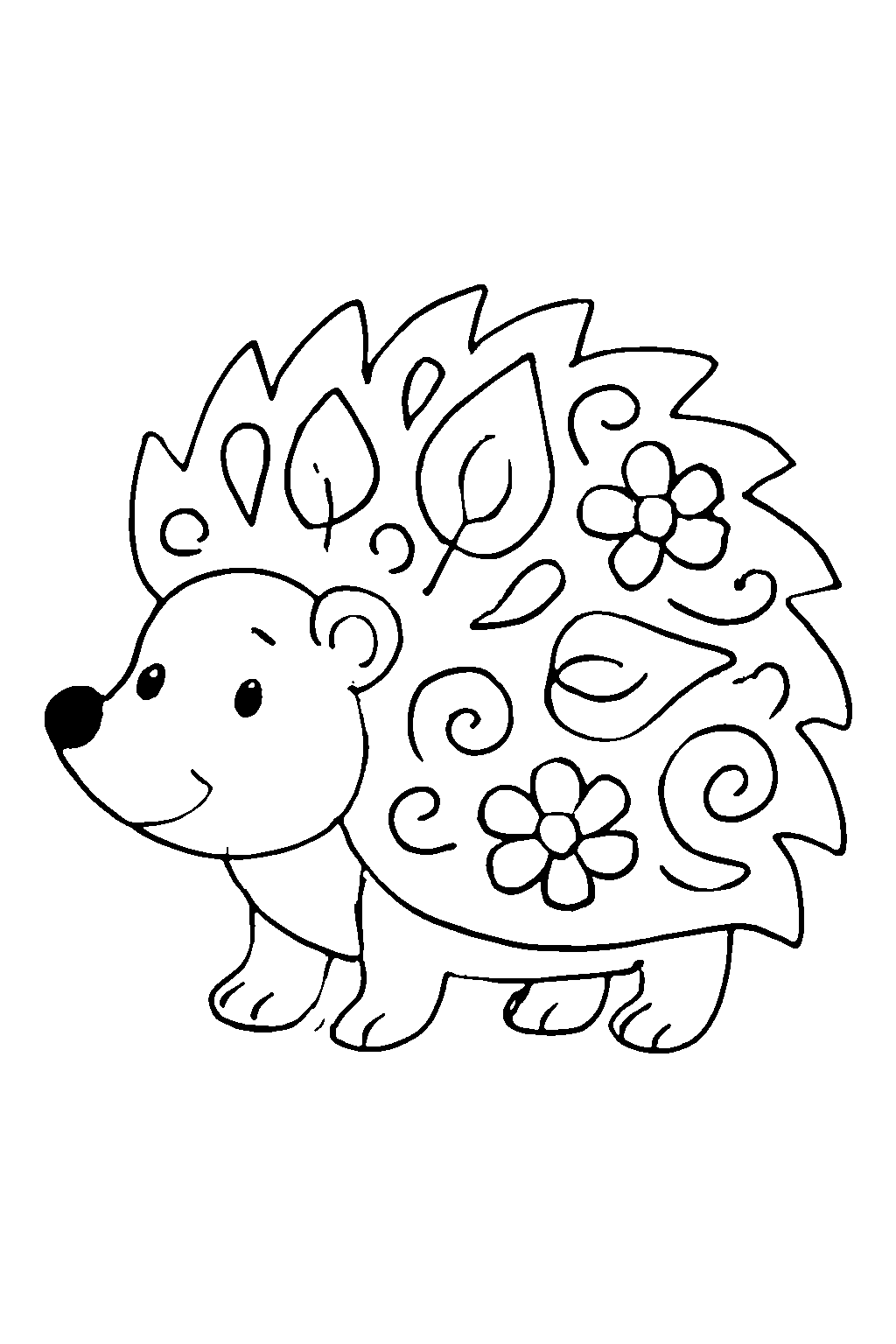 Ausmalbild Igel: einfache schwarz-weiße Linienzeichnung zum Ausdrucken und Ausmalen (Variante 9)