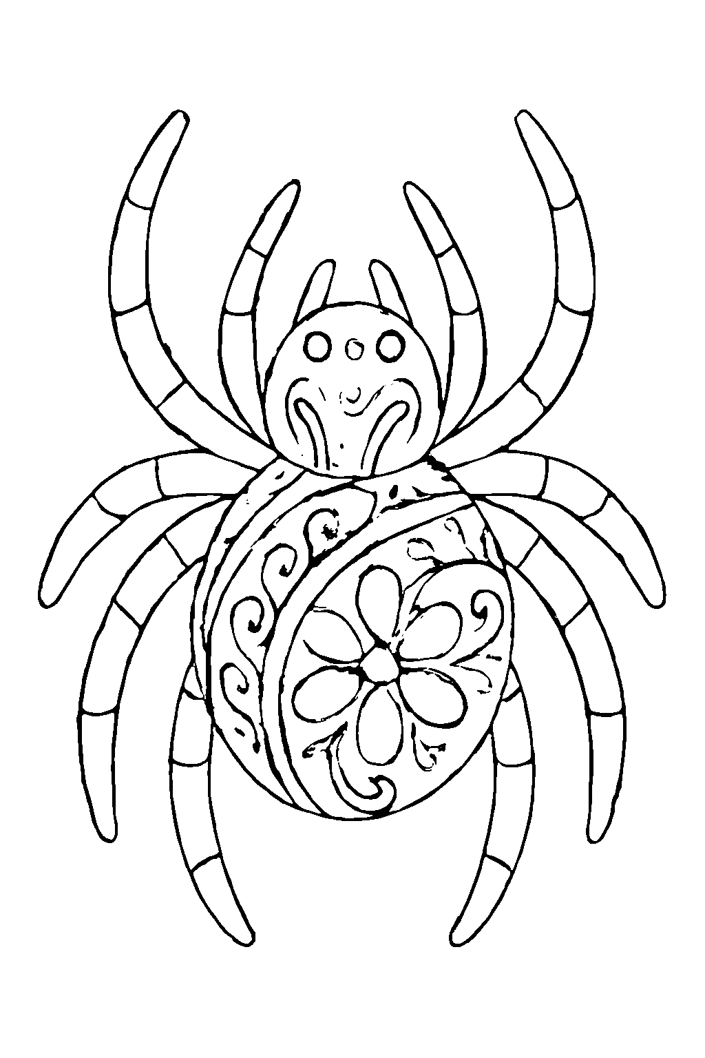 Ausmalbild Spinne: klare schwarz-weiße Linienzeichnung zum Ausdrucken und Ausmalen (Variante 9)