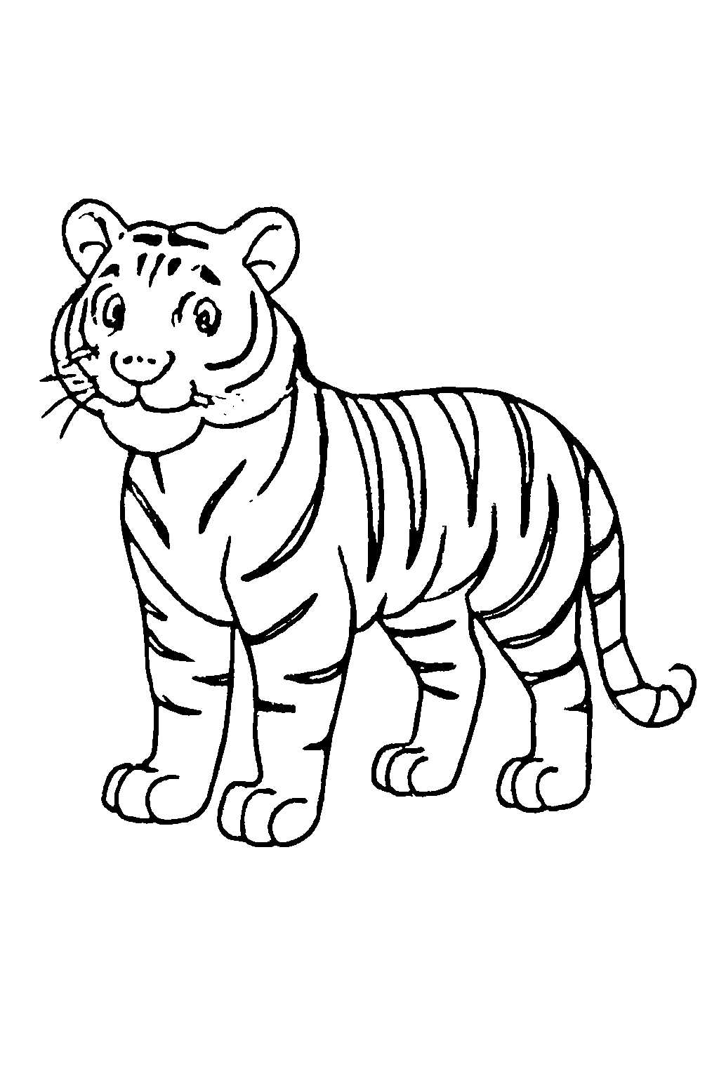Ausmalbild Tiger: klare schwarz-weiße Linienzeichnung zum Ausdrucken und Ausmalen (Variante 4)