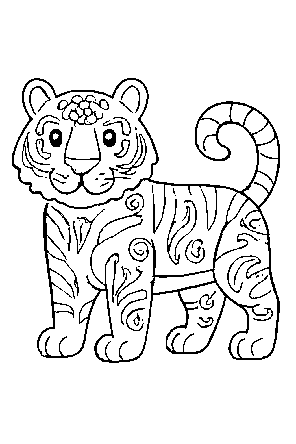 Ausmalbild Tiger: klare schwarz-weiße Linienzeichnung zum Ausdrucken und Ausmalen (Variante 9)