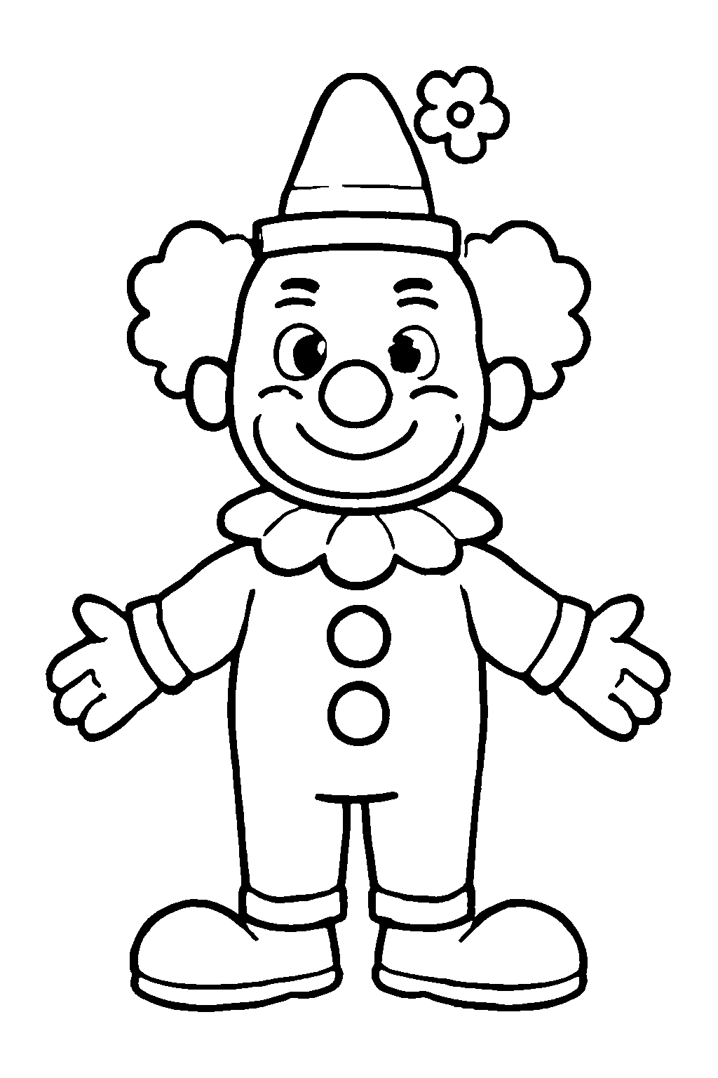 Ausmalbild Clown: klare schwarz-weiße Linienzeichnung zum Ausdrucken und Ausmalen (Variante 2)